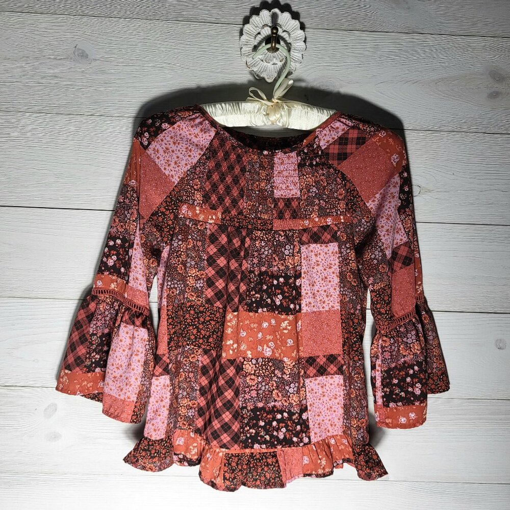 Girl's Tunic Top Floral Patchwork Crochet Bell Sleeve Western BOHO